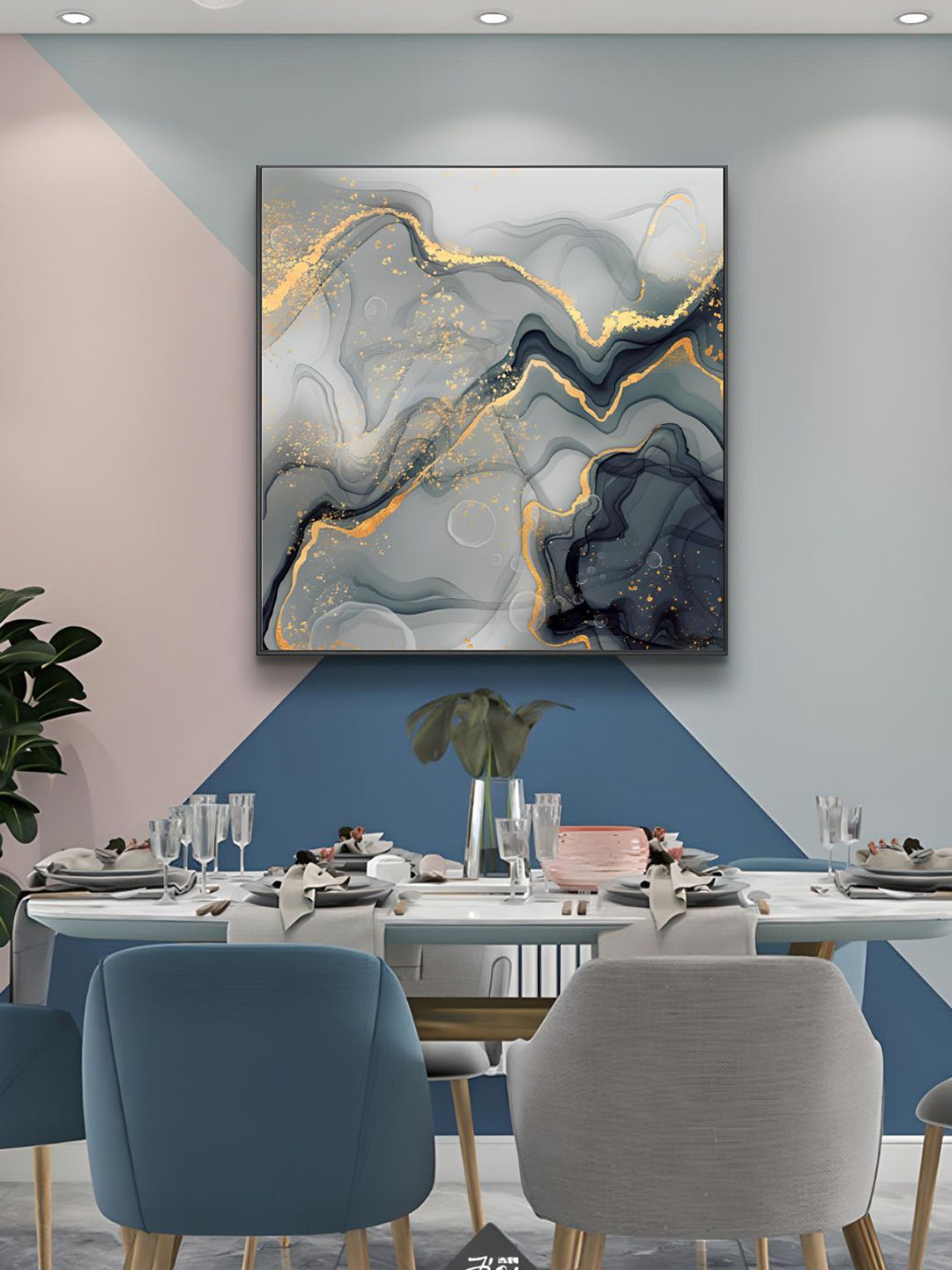 THE HANDMADE FLAIR Grey & Black Liquid Marble Framed Painting Wall Art