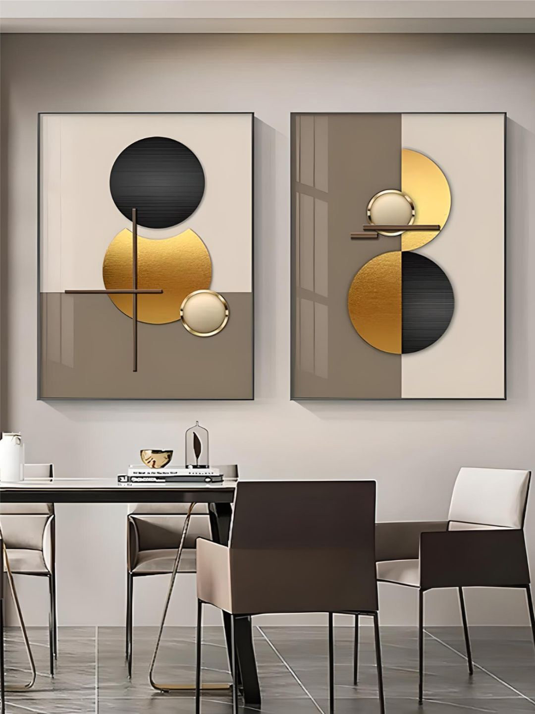 THE HANDMADE FLAIR Beige & Black 2 Piece Wood Sun Moon Abstract Painting Wall Arts
