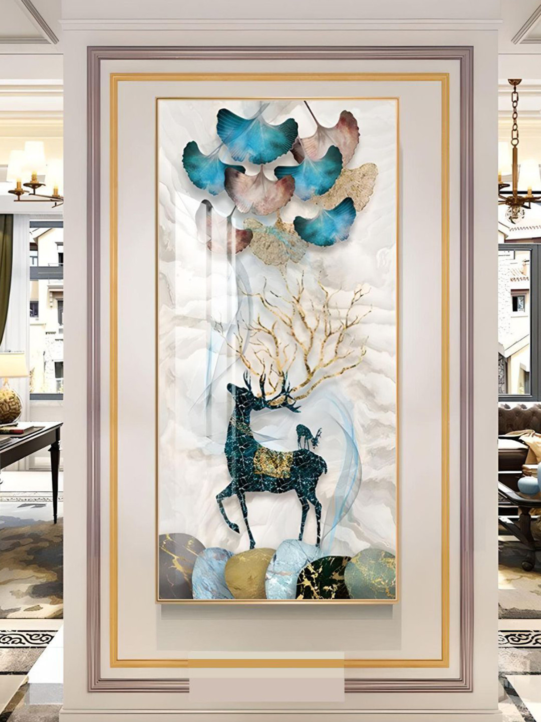 THE HANDMADE FLAIR Auspicious Mystical Deer Wood Rectangle Paintings Wall Art -40 x 80In