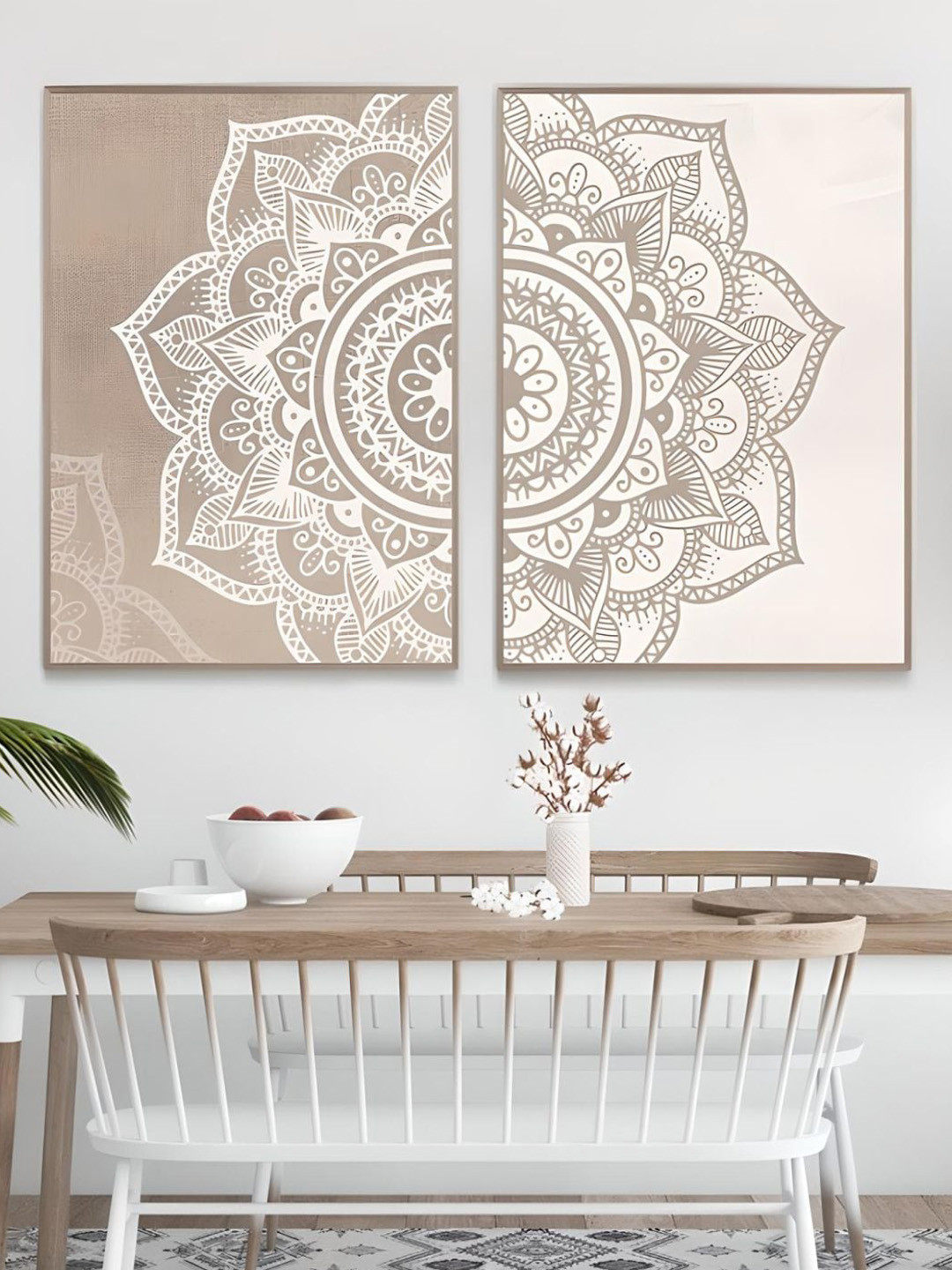 THE HANDMADE FLAIR 2 Pcs Beige & Cream-Coloured Floral Mandala Framed Painting Wall Art
