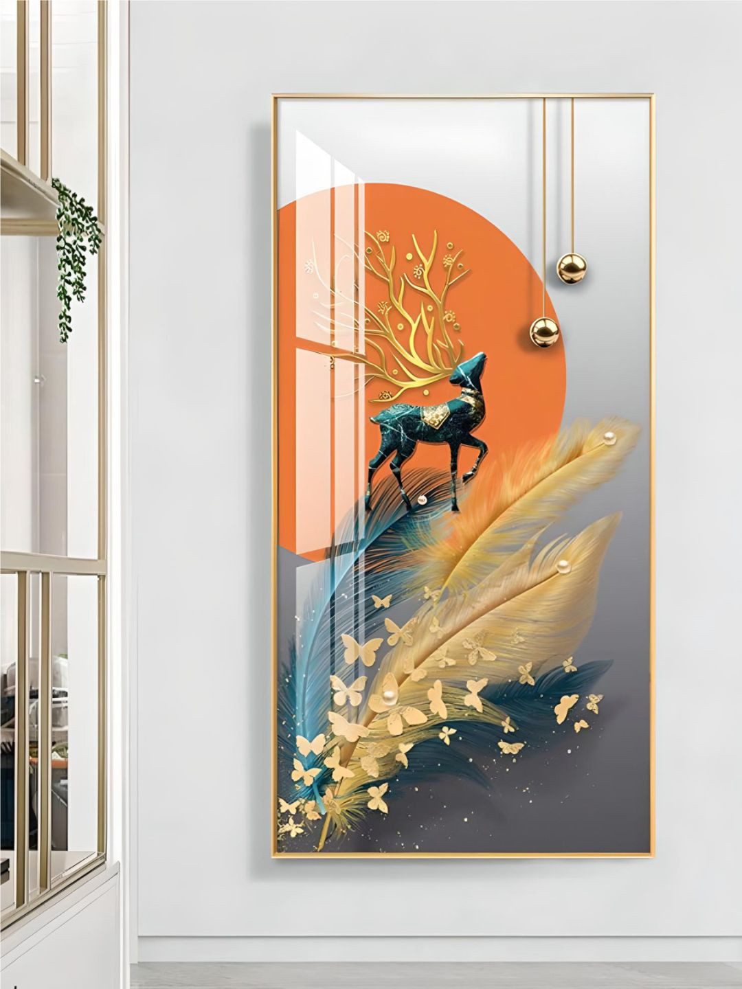 THE HANDMADE FLAIR Grey & Orange Mystical Deer Framed Painting Wall Art
