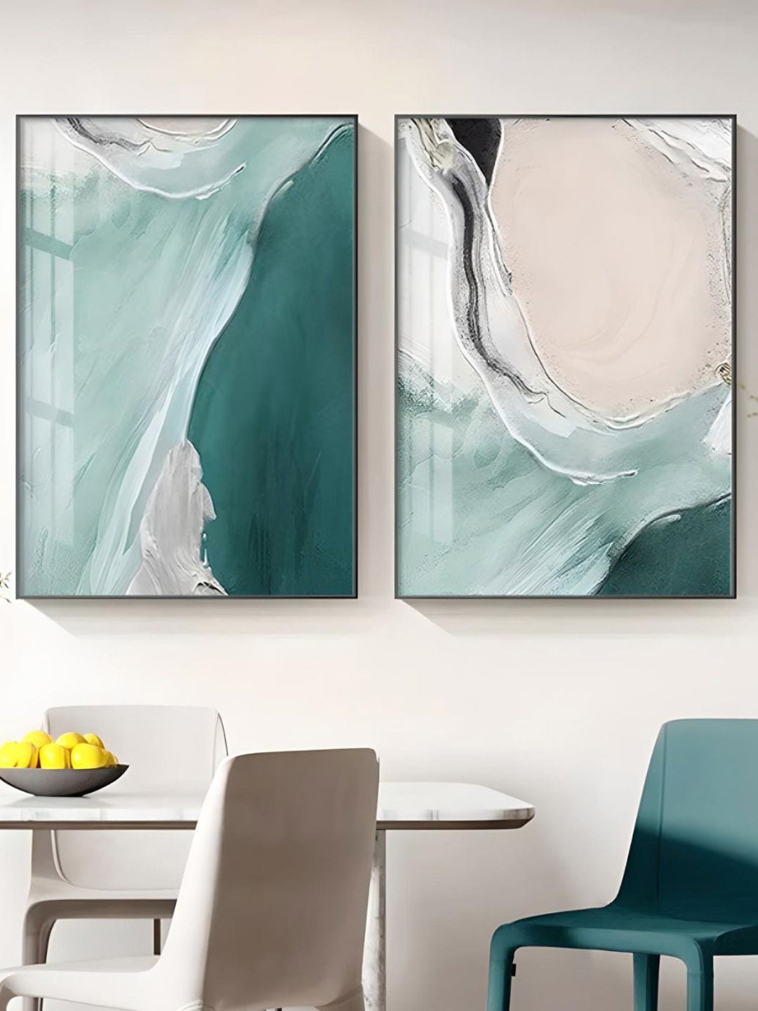 THE HANDMADE FLAIR Teal Green & Beige 2 Pcs Abstract Ocean Wooden Painting Wall Arts