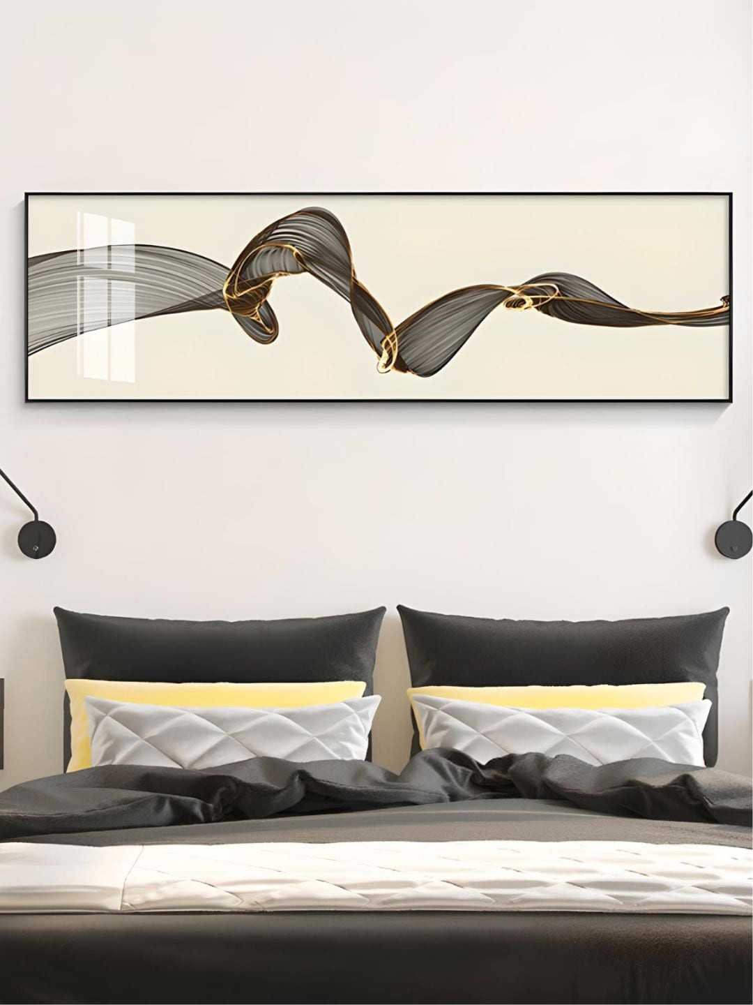 THE HANDMADE FLAIR Cream-Coloured & Brown Wooden Flowing Wide Format Wall Art