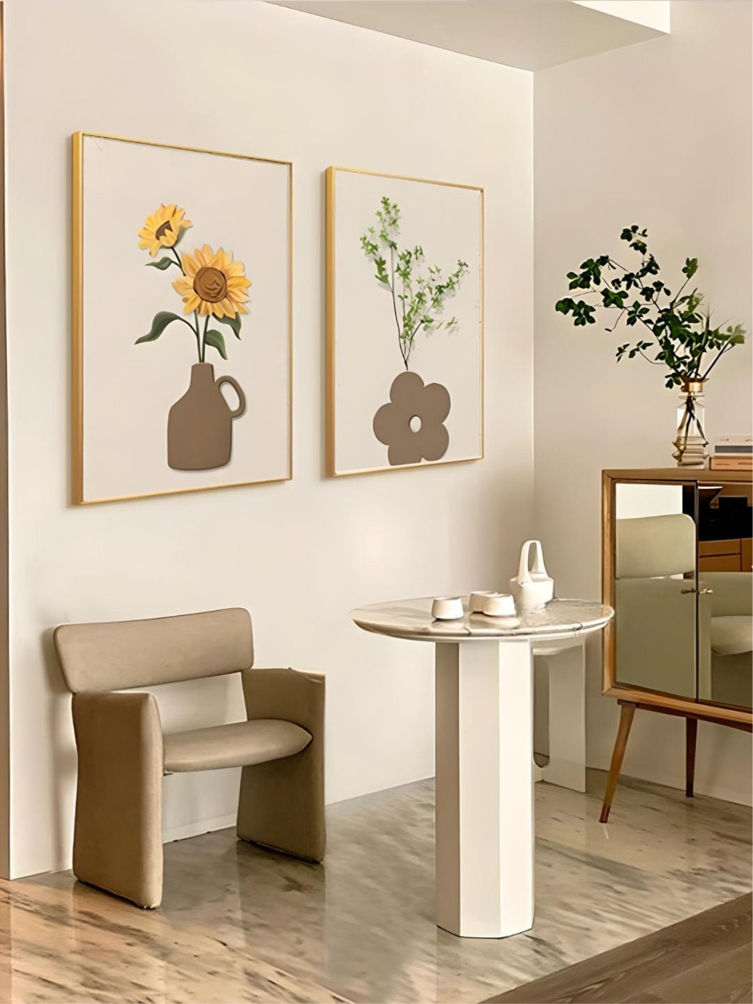 THE HANDMADE FLAIR Beige & Green 2 Piece Wood Floral Still Life Painting Wall Arts