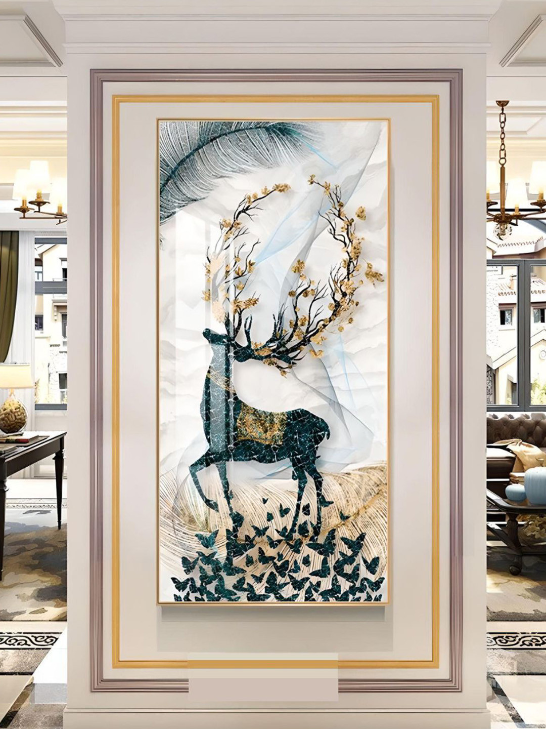 THE HANDMADE FLAIR White & Green Wooden Auspicious Mystical Deer Landscape Wall Art