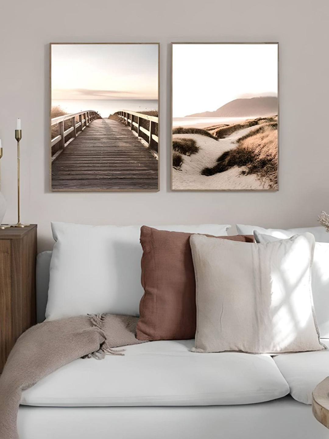 THE HANDMADE FLAIR Beach Sunset Natural Wood 2 Piece Wall Paintings Wall Art -40 x 50In