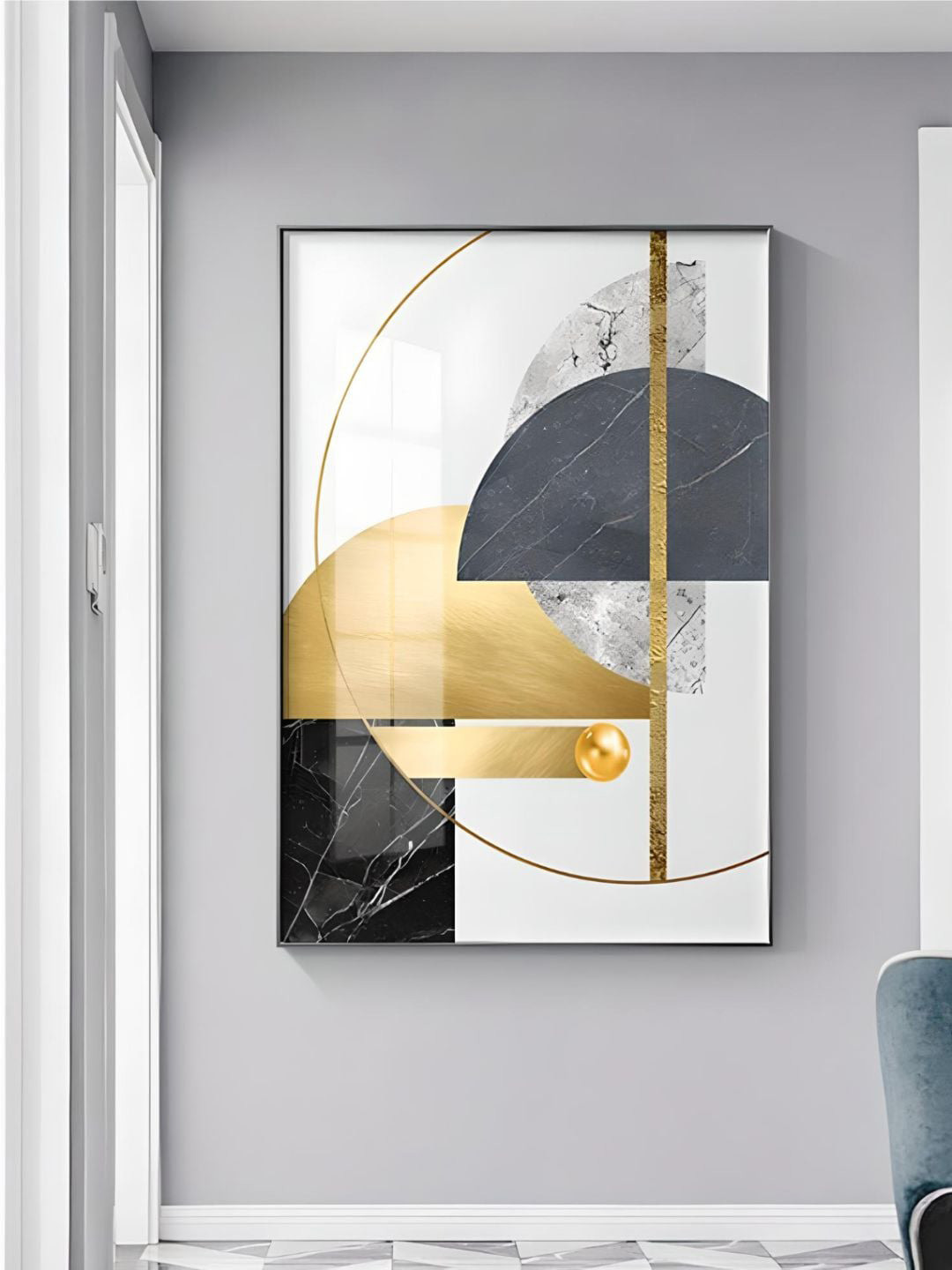 THE HANDMADE FLAIR White & Gold-Toned GeometricFramed Painting Wall Art