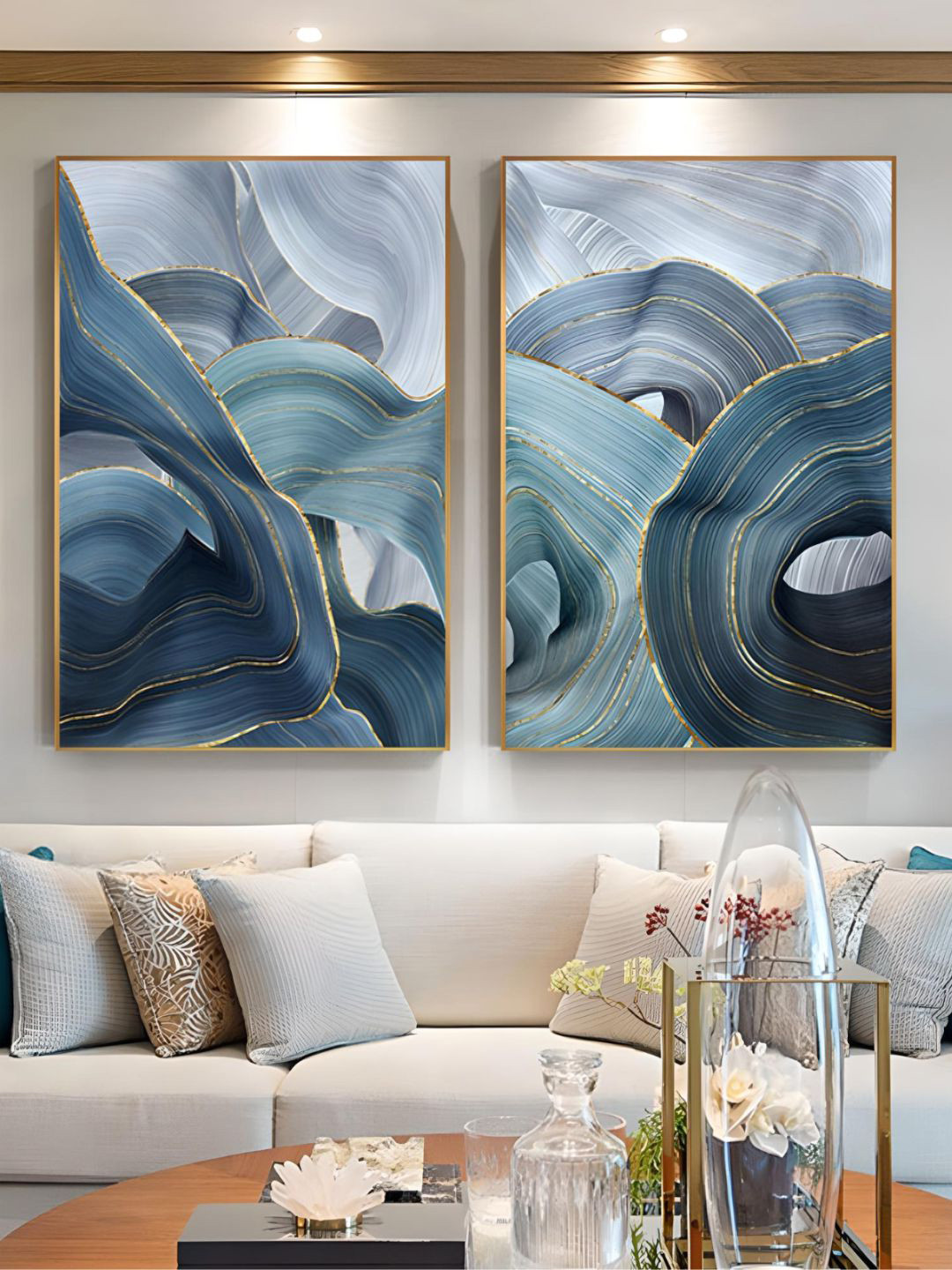 THE HANDMADE FLAIR Blue & Grey 2 Pcs Abstract Ribbon Wooden Framed Painting Wall Arts