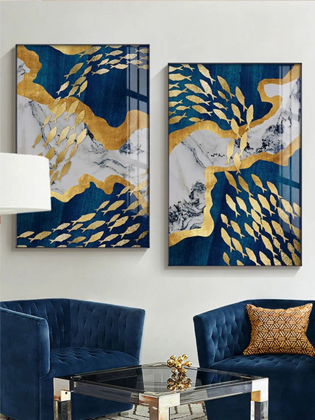 THE HANDMADE FLAIR 2 Pcs Navy Blue & Gold-Toned Abstract Framed Painting Wall Art