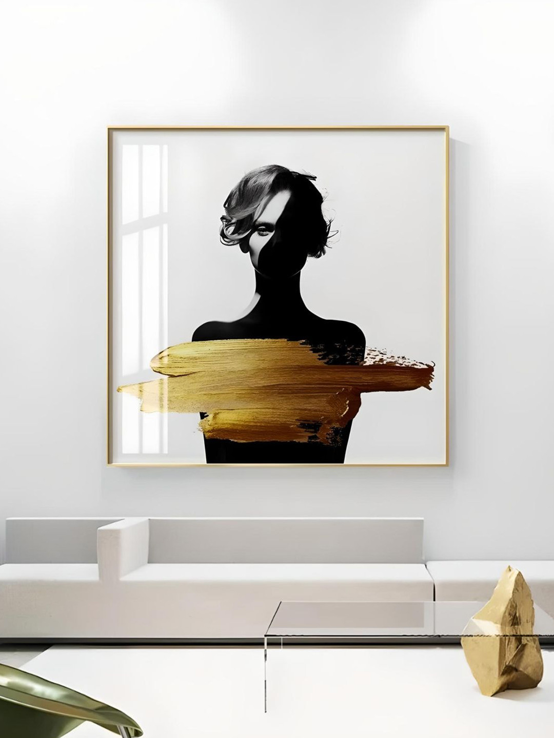 THE HANDMADE FLAIR Black & Gold Toned Abstract Portrait Wooden Framed Painting Wall Arts