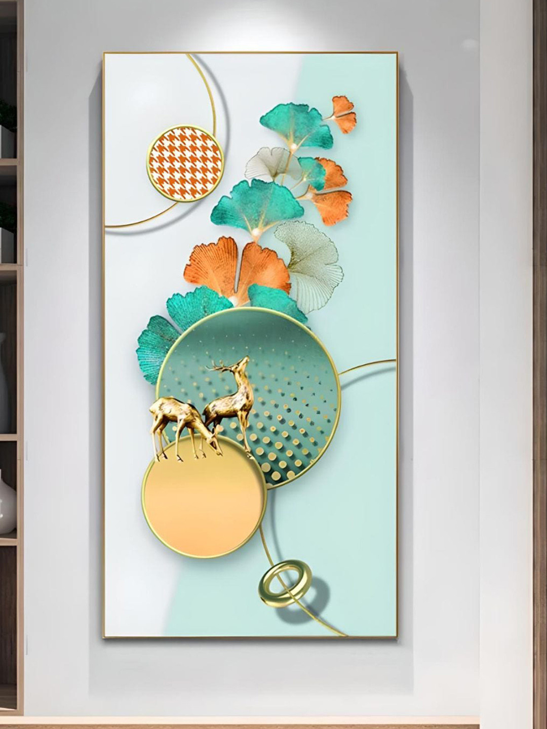 THE HANDMADE FLAIR Golden Deer Geometrical Landscape Auspicious Abstract Painting Wall Art