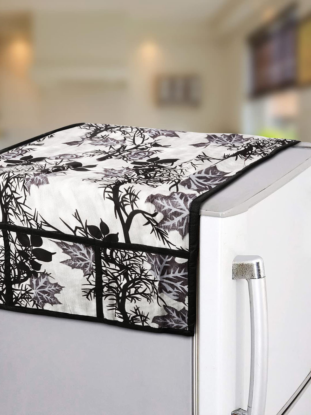 Dakshya Industries White & Black Printed Light Weight Refrigerator Covers