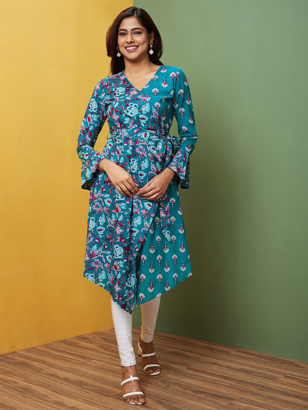Globus Printed V-Neck Fusion A-Line Kurta