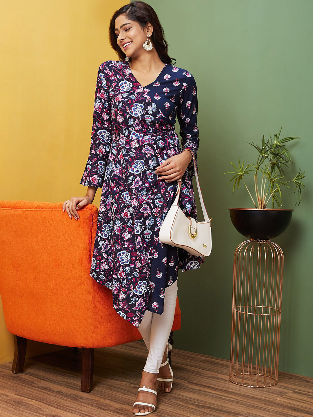 Globus Printed V-Neck Fusion A-Line Kurta