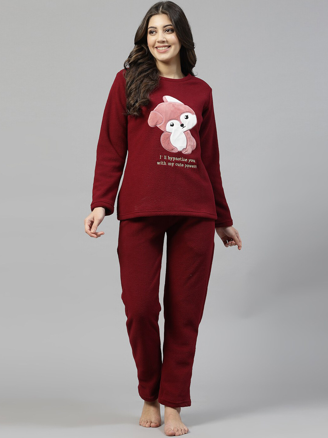 Sweet Dreams Maroon Graphic Printed Polar Fleece Night suit