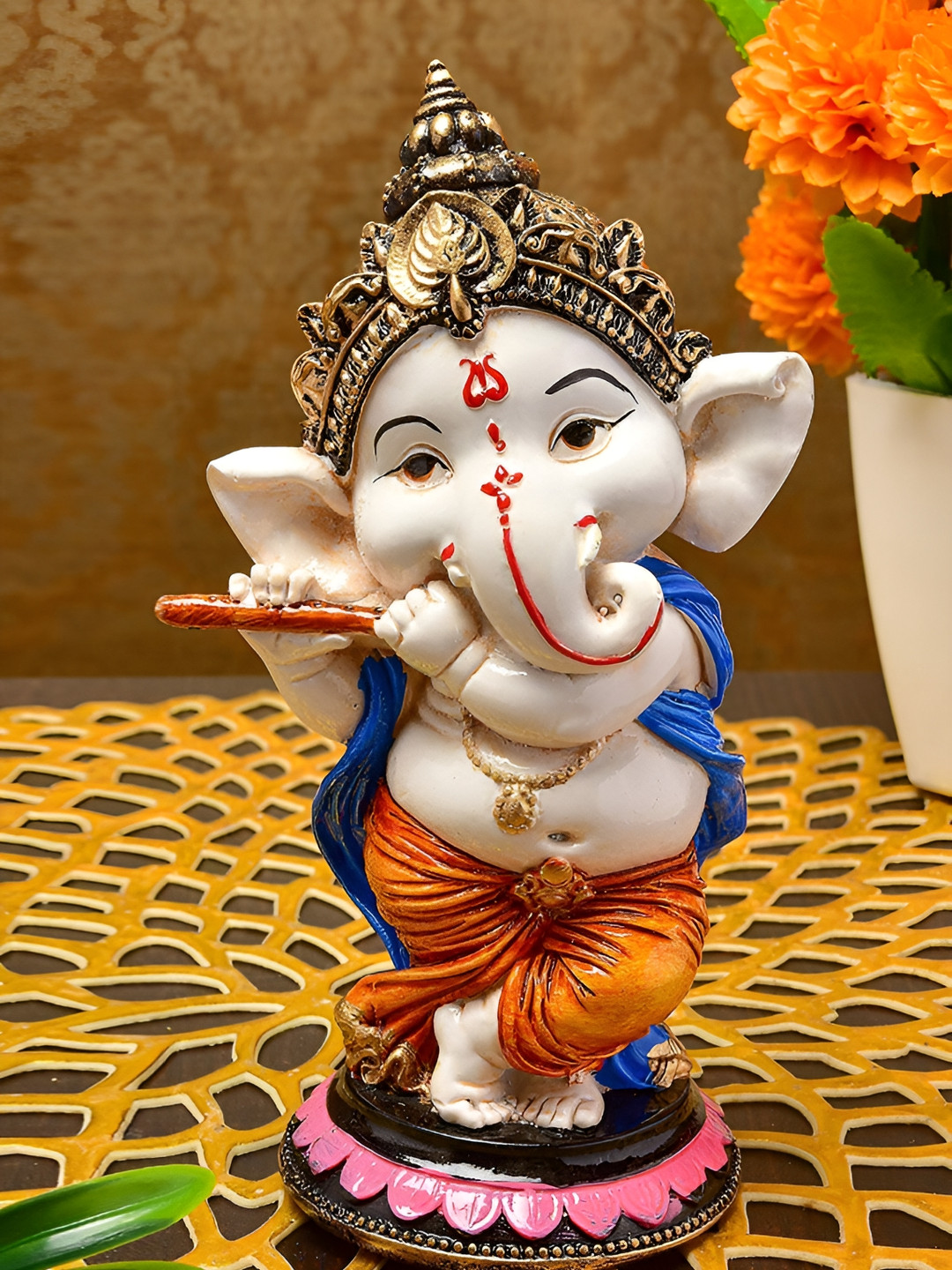 SANKALAN CREATIONS Ganesh White Polyresin Glossy Home Office Hand-Crafted Small Showpiece - 5.5 Inches