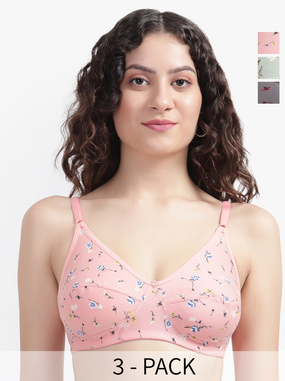 Bruchi CLUB Pack Of 3 Floral Printed FullCoverage Cotton Everyday Bra With All Day Comfort