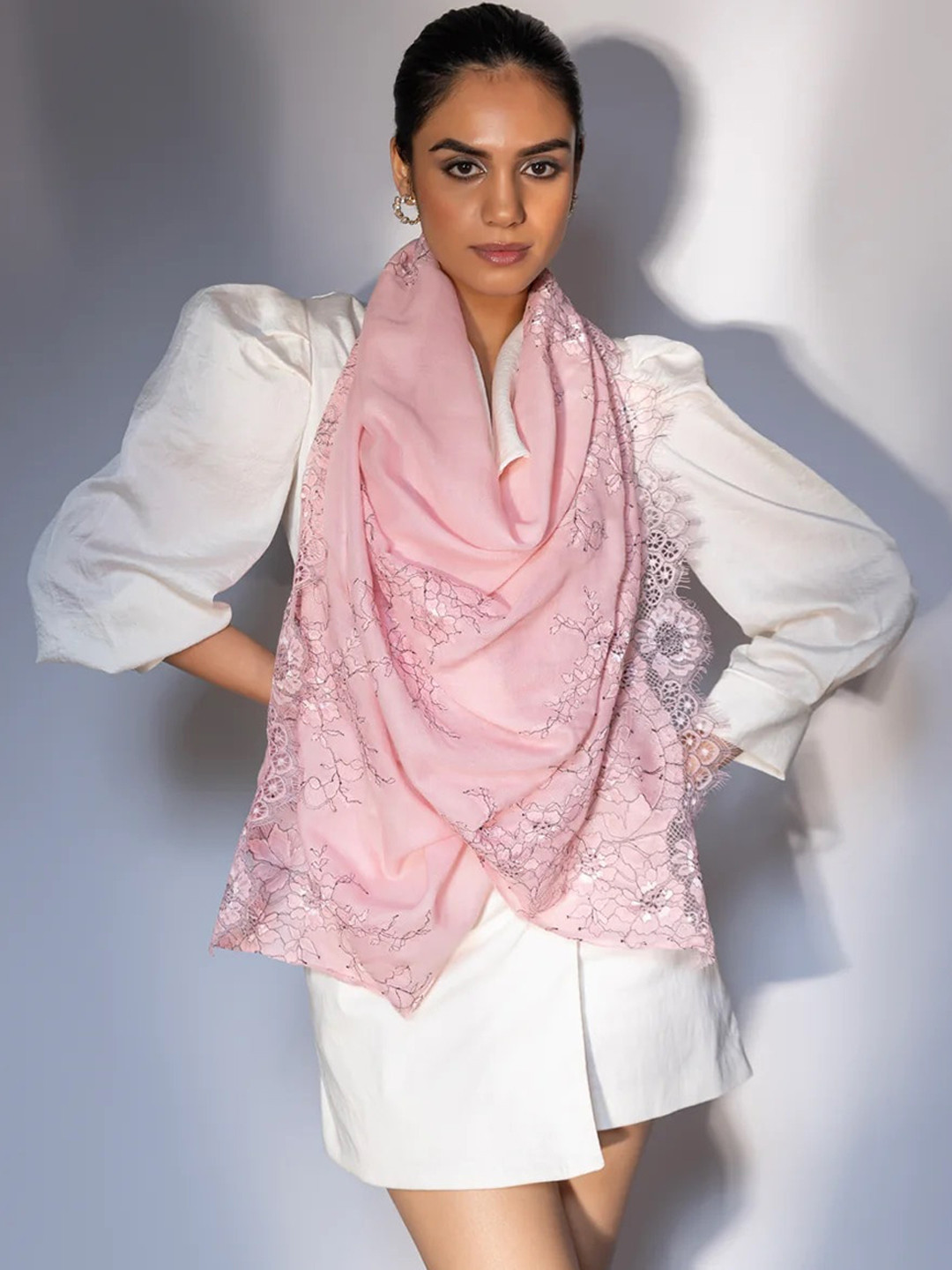 MODARTA Floral Printed Delicate Lace Wool Shawl