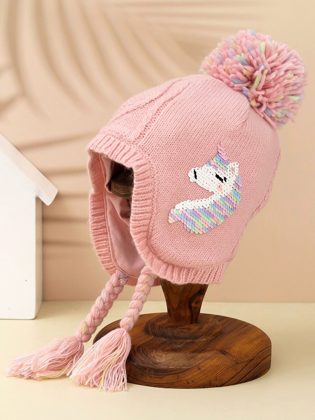 Yellow Bee Girls Reversible Sequins Unicorn Woollen Cap