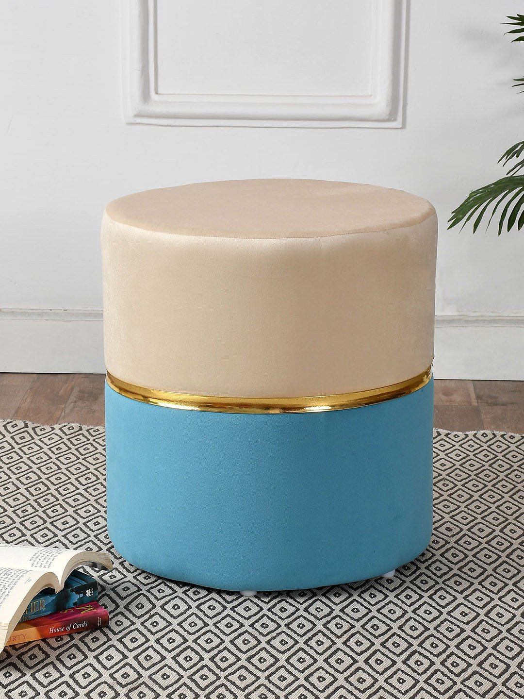 RIANCE CREATIONS Cream & Blue Colourblocked Knitted Cylindrical Ottoman