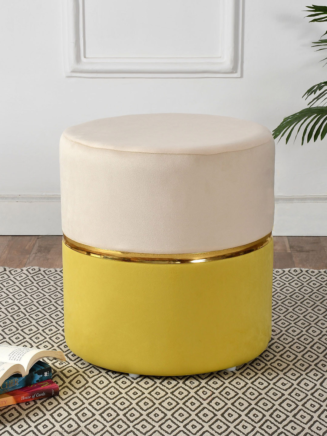 RIANCE CREATIONS Cream & Yellow Textured Cylindrical Ottoman