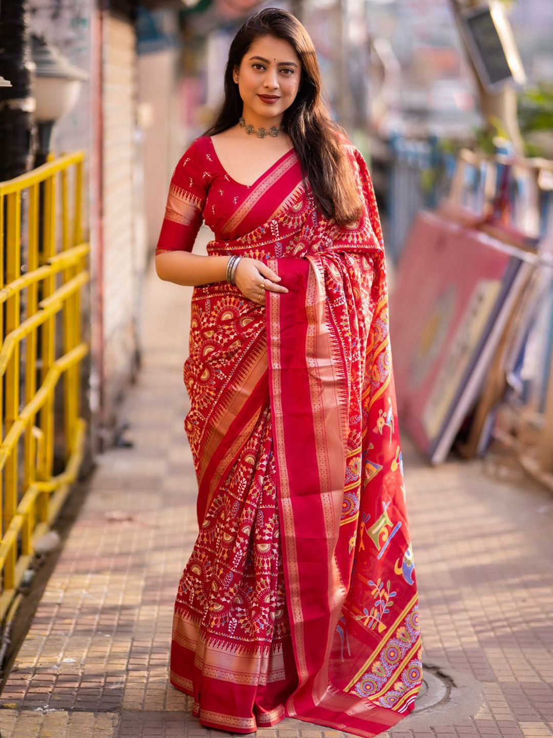 STAVA CREATION Warli Printed Silk Cotton Zari Saree