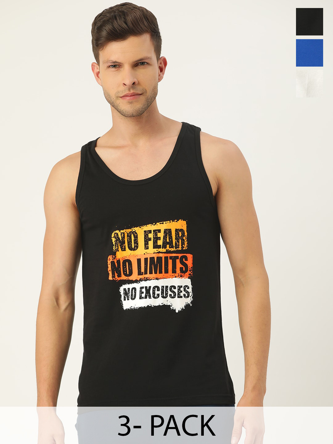 The Roadster Lifestyle Co. Pack Of 3 Printed Cotton Basic Vests RRGV-5004-BLK-RB-WH-1