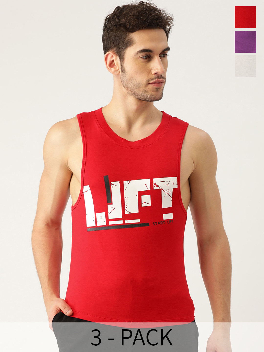 The Roadster Lifestyle Co. Pack Of 3 Printed Pure Cotton Gym Vests RRGV-5004-RD-VLT-LG-1
