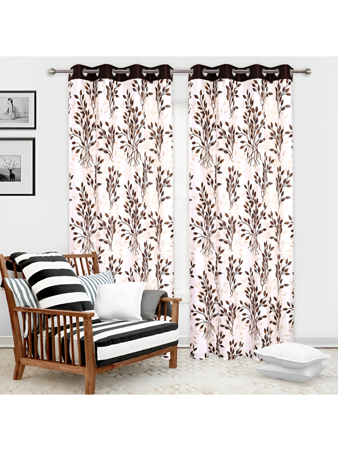 REYANSH DECOR Brown & Off White 2 Pieces Floral Window Curtains