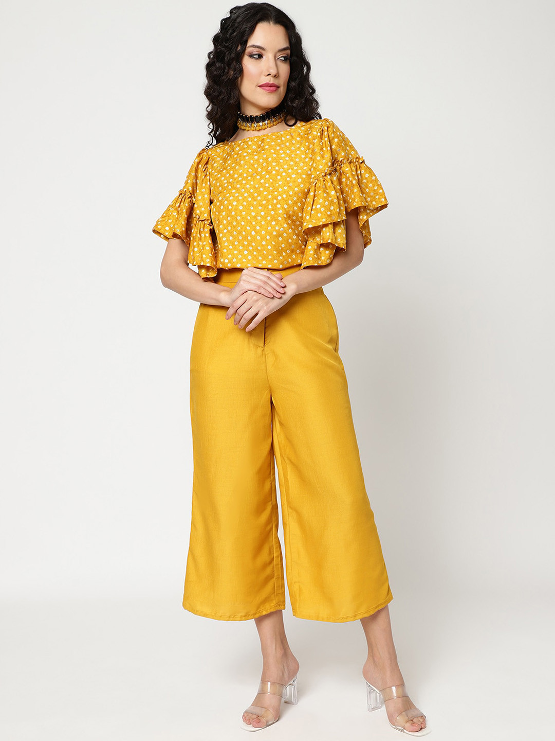 Pannkh Bandhani Foil Printed Round Neck Crop Ethnic Top With Trousers