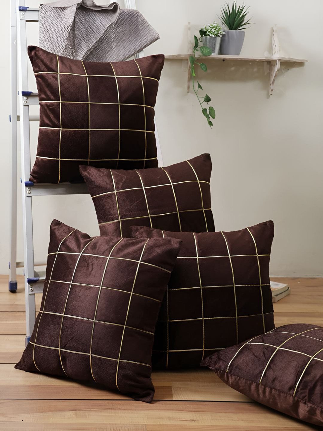 Stuff N' Fluff Brown & Gold-Tone 5 Pieces Checked Square Cushion Covers