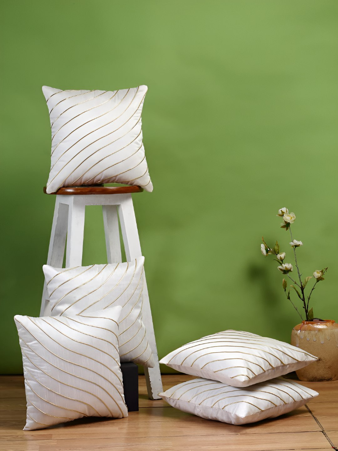 Stuff N' Fluff White & Gold Toned 5 Pieces Striped Square Cushion Covers