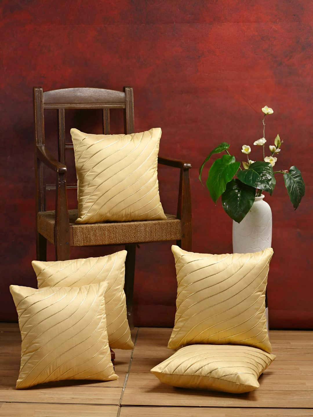 Stuff N' Fluff Beige & Gold toned 5 Pcs Striped Square Cushion Covers