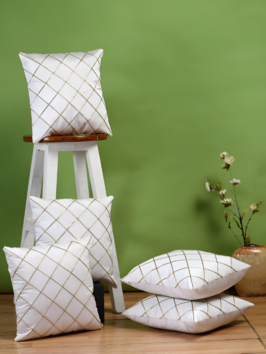 Stuff N' Fluff Tone Cross Checkered Geometric Polyester 5 Pcs Embroidered Cushion Covers - 16 x 16 In