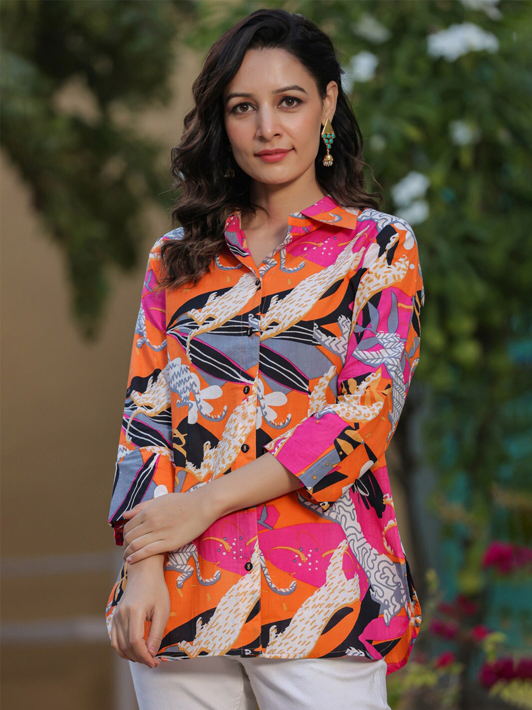 Rain & Rainbow Conversational Printed Shirt Collar Cotton Shirt Style Top