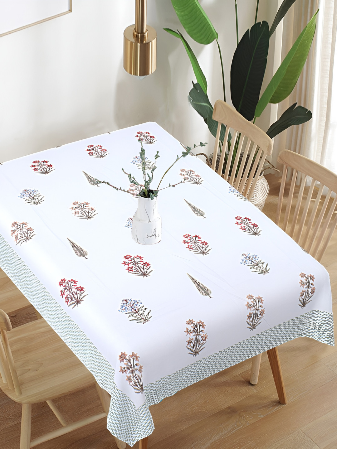Texstylers White & Blue Floral Printed Cotton 6 Seater Table Cover