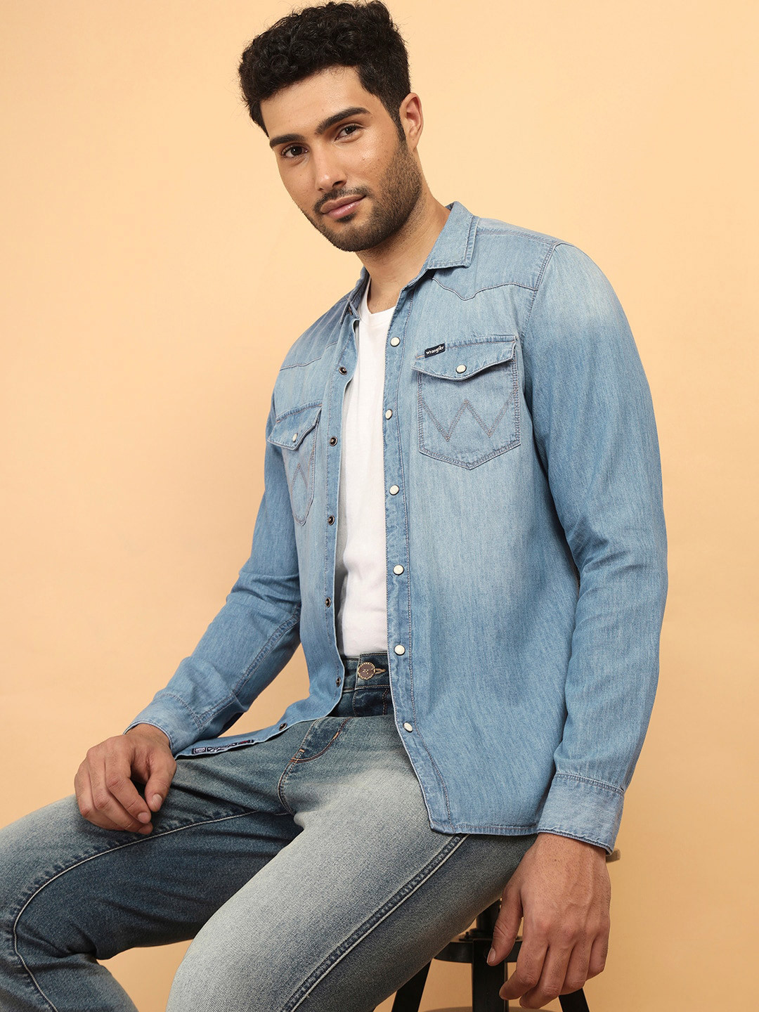 Wrangler Regular Fit Twill Weave Pure Cotton Denim Shirt