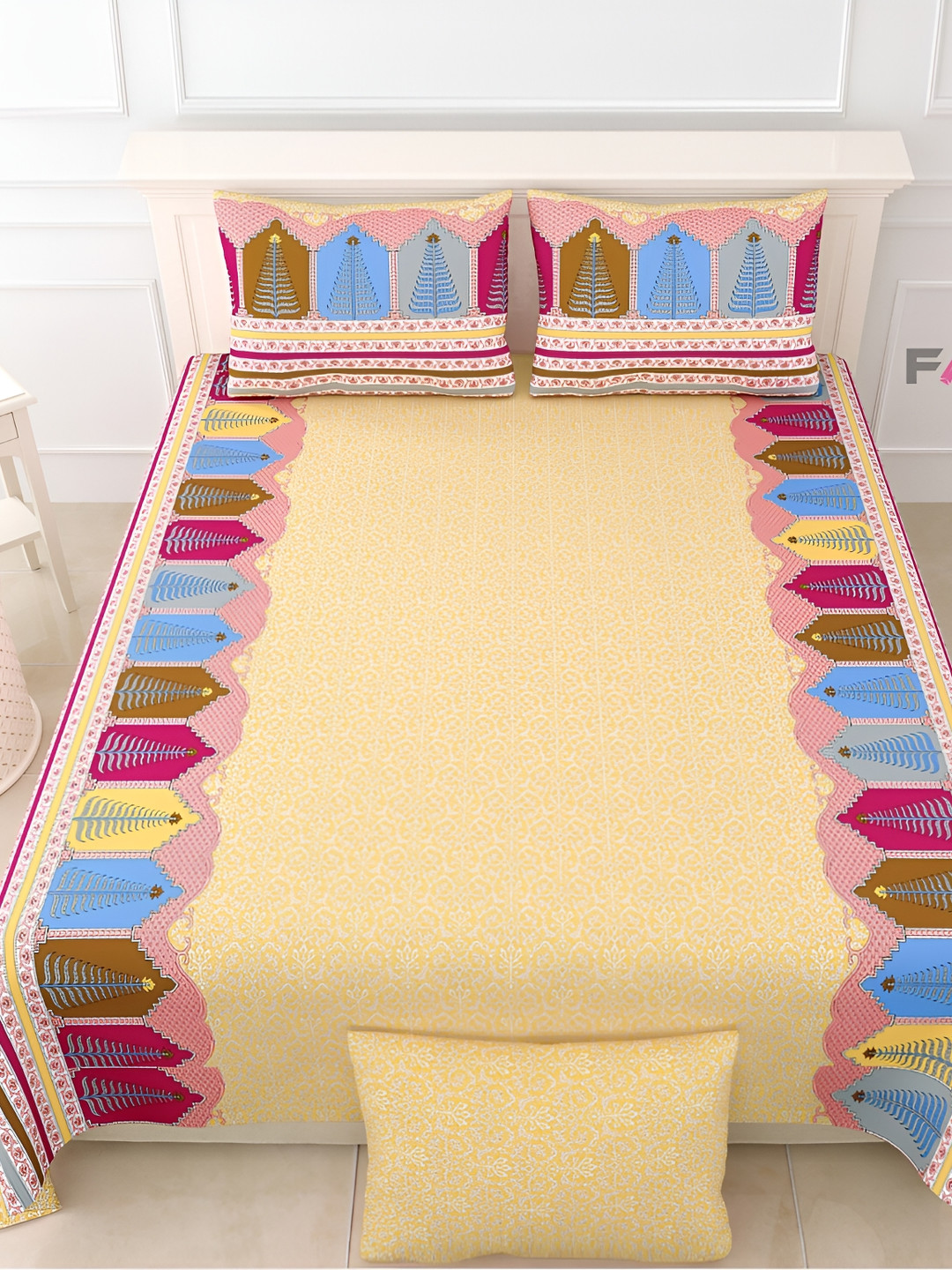 FABROLI Royal Passion Yellow Self Design Cotton 300 TC King Superfine Bedsheet with 2 Pillow Covers-228 x 274 cm