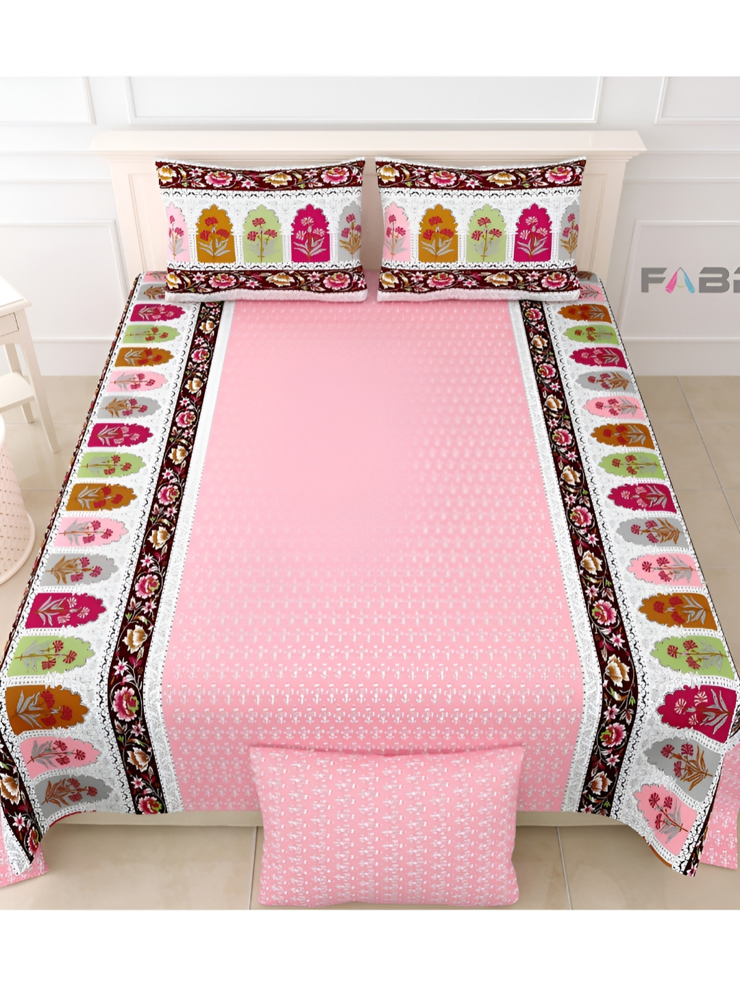 FABROLI Pink Floral Cotton 300 TC Double Fine Bedsheet with 2 Pillow Covers-100 x 90 inches