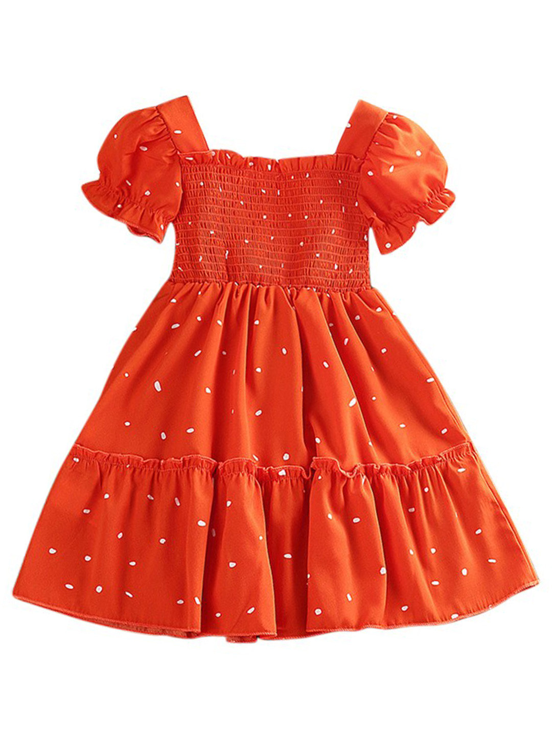 StyleCast Girls Orange Polka Dot Printed Smocked Tiered Fit and Flare Midi Dress