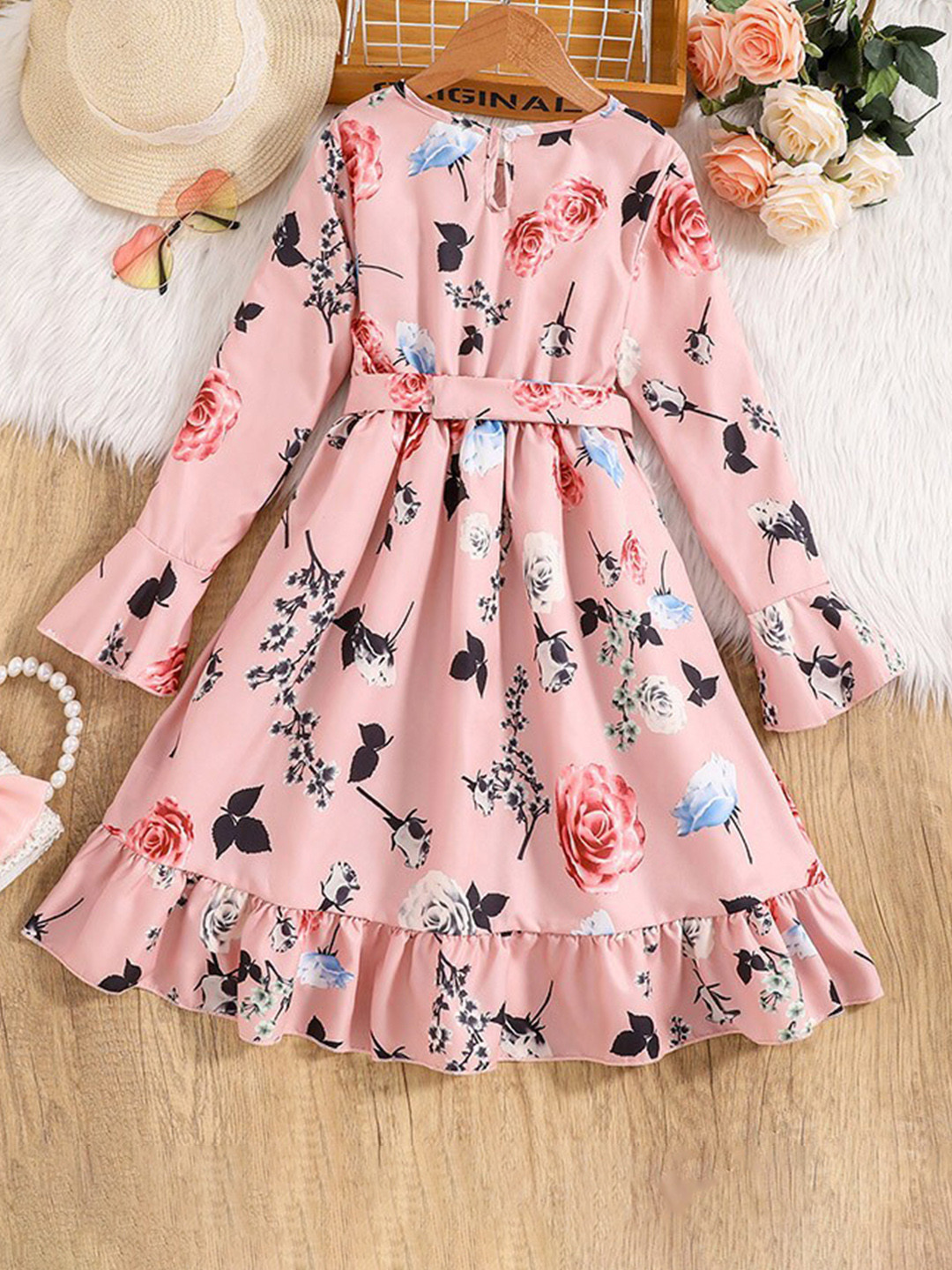 StyleCast Pink Girls Floral Printed Bell Sleeves Tiered Detail A-Line Midi Dress With Belt