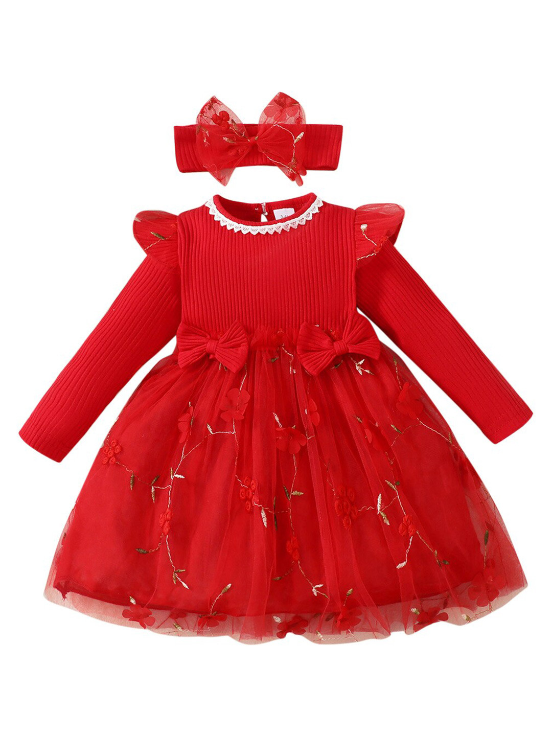 StyleCast Girls Red Floral Embroidered Cotton Fit & Flare Balloon Dress With Headband