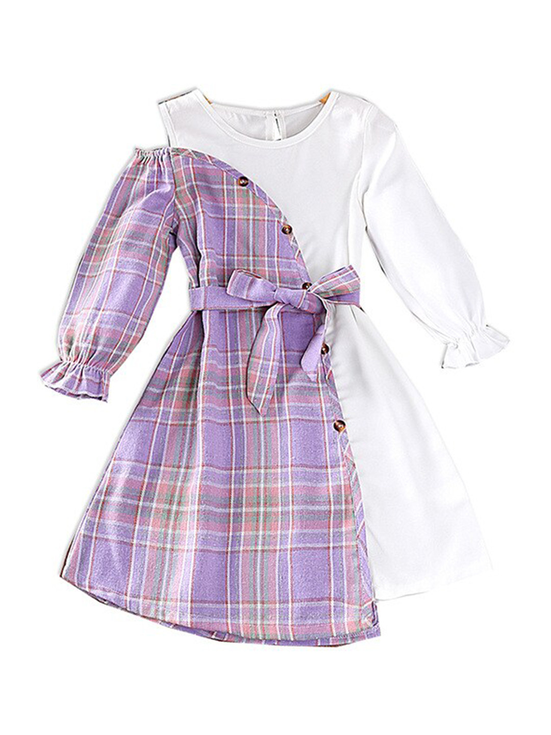 StyleCast Purple Girls Checked Bell Sleeves Tie Up  A-Line Dress With Belt