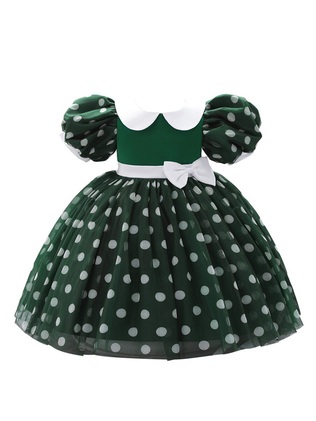 StyleCast Green Girls Polka Dot Printed Peter Pan Collar Puff Sleeves Balloon Mini Dress