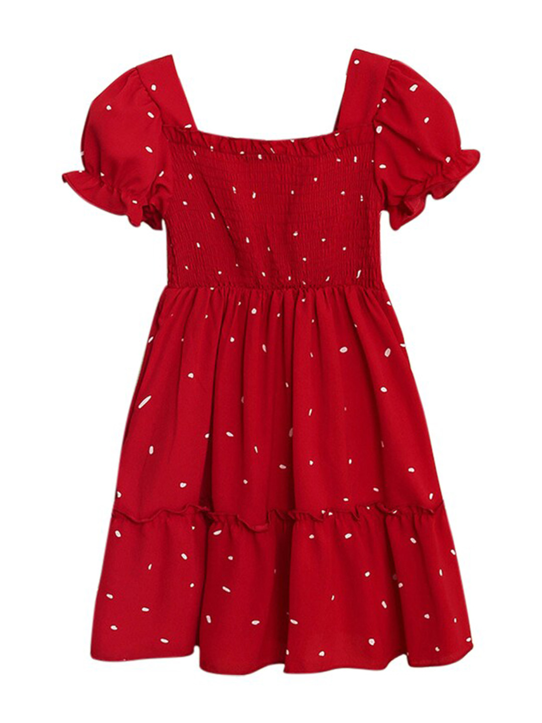 StyleCast Red Girls Polka Dot Printed Square Neck Puff Sleeves Tiered A-Line Midi Dress