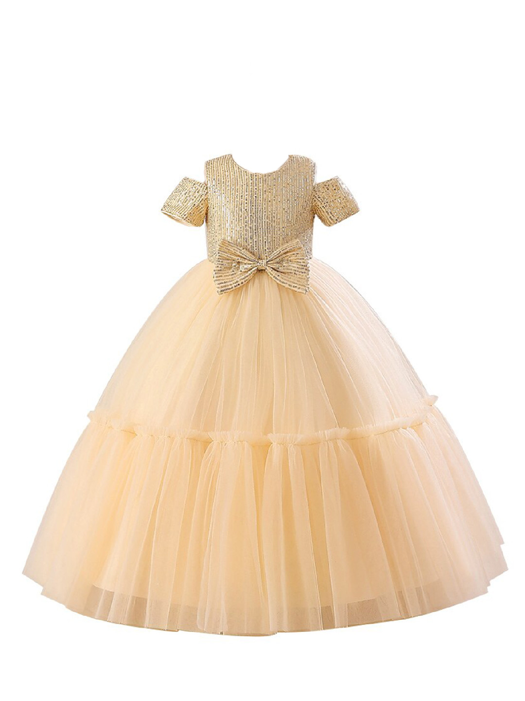 StyleCast Champagne Girls Self Design Cold-Shoulder Sleeves Bow Detail Maxi Gown Dress