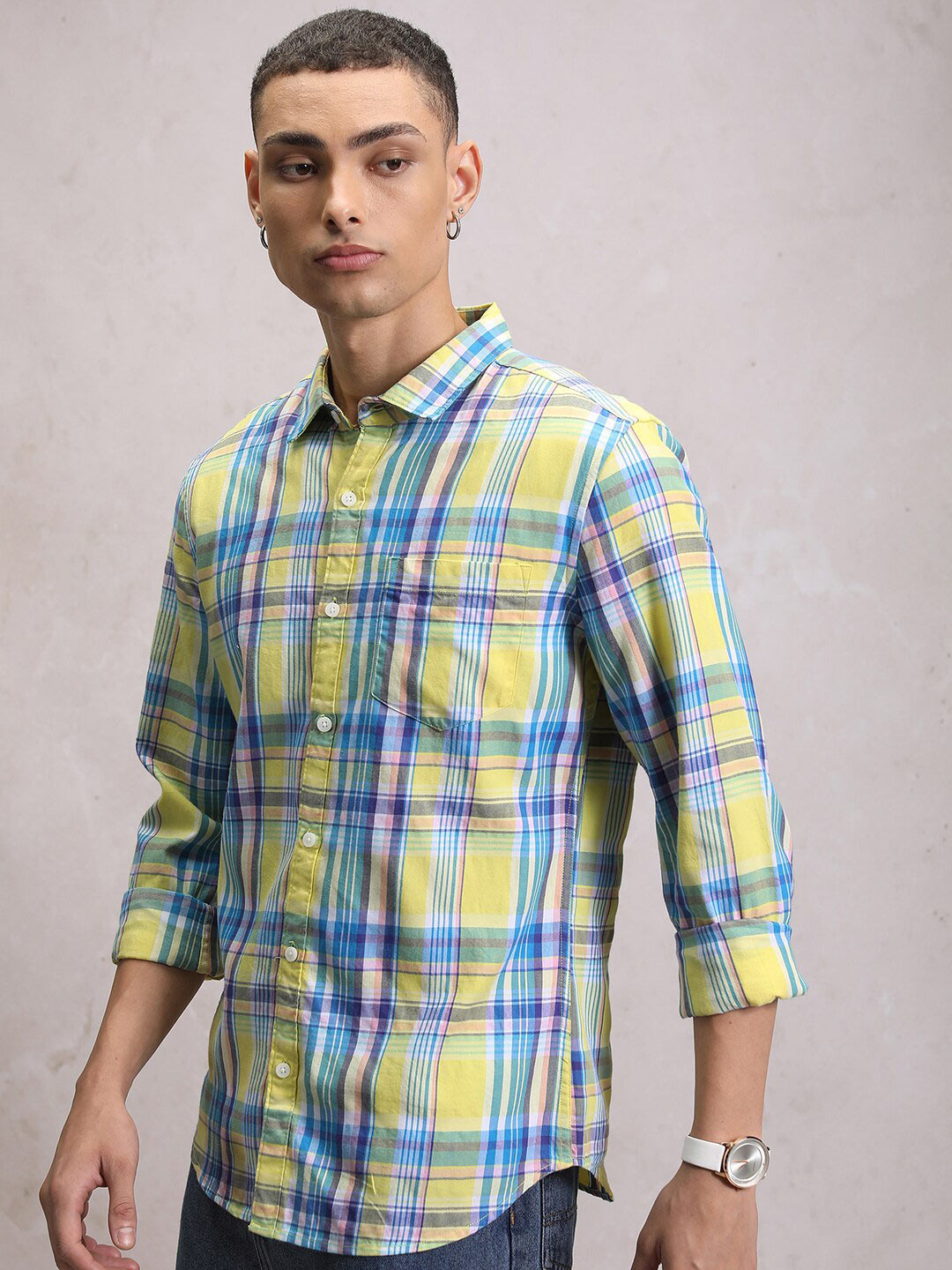 KETCH Yellow Slim Fit Tartan Checked Casual Shirt