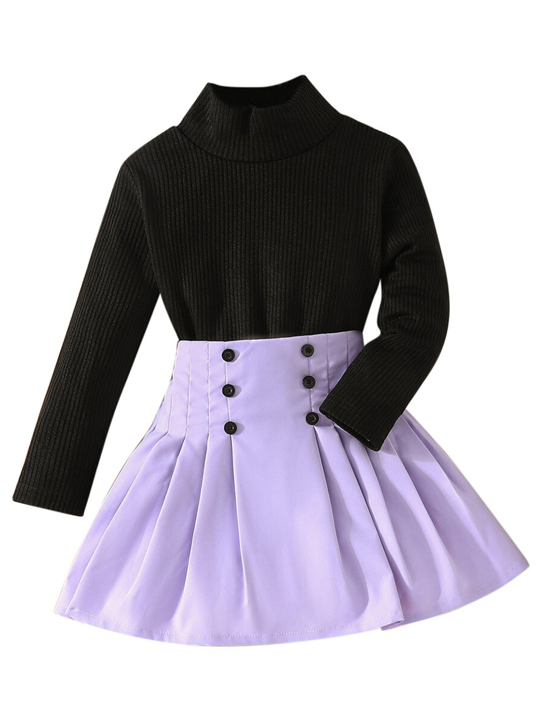 StyleCast Girls Purple & Black Ribbed High Neck Top with Skirt