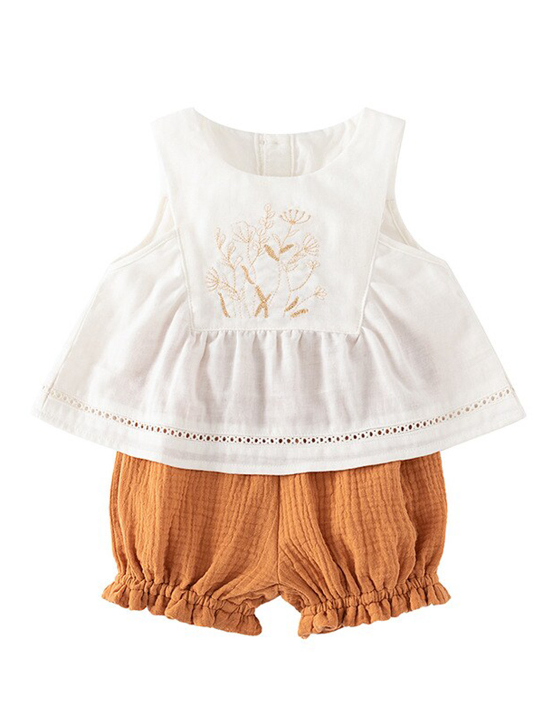 StyleCast Girls White & Brown Embroidered Pure Cotton Tunic with Shorts