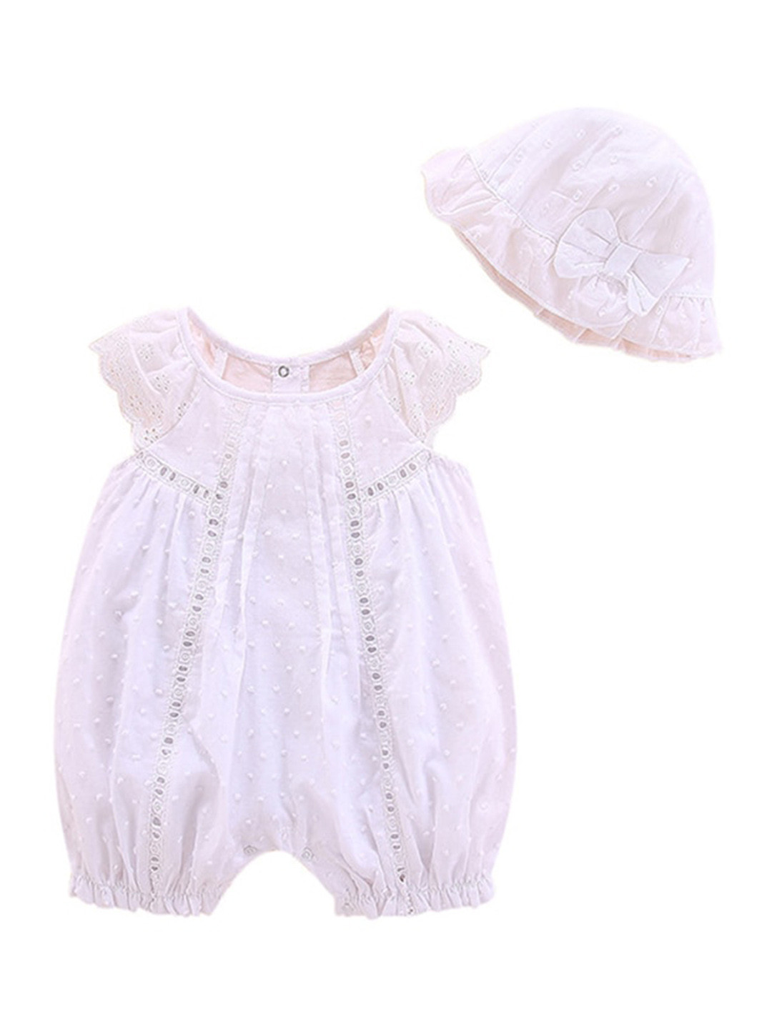StyleCast White Infants Self Design Cotton Rompers With Cap